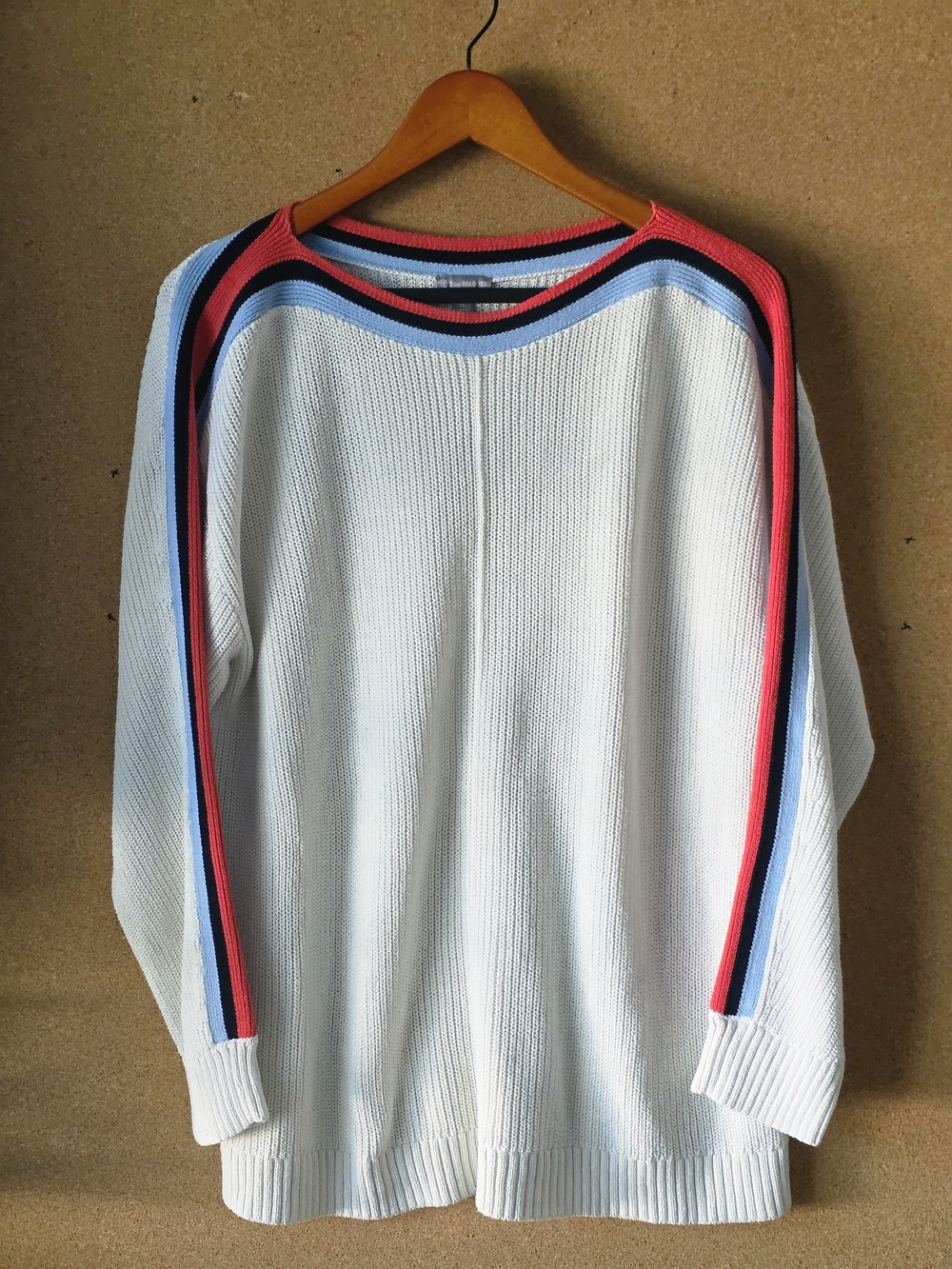 T by Talbots Coolmax Stripe Sweater XL Cream Retro Sporty Athleisure Knit